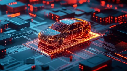 Futuristic car on circuit board symbolizes autonomous driving tech development.