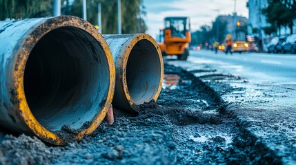 Concrete pipes on roadside for stormwater management, symbolizing infrastructure and urban development.