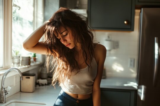 Dizzy woman standing in the kitchen, holding onto the counter for support, feeling lightheaded and unsteady on her feet