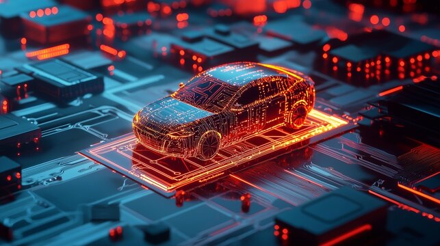 Futuristic car on circuit board symbolizes autonomous driving tech development.