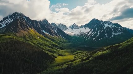 Naklejka premium An aerial view of a lush valley nestled between snow-capped mountains under a partly cloudy sky.
