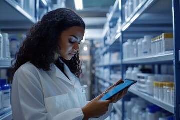 Female technician tracking inventory in a storeroom, using a tablet to monitor and update stock levels in a pharma factory