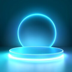 minimalistic abstract podium in soft light blue with a neon glow, product presentations concept, Generative Ai