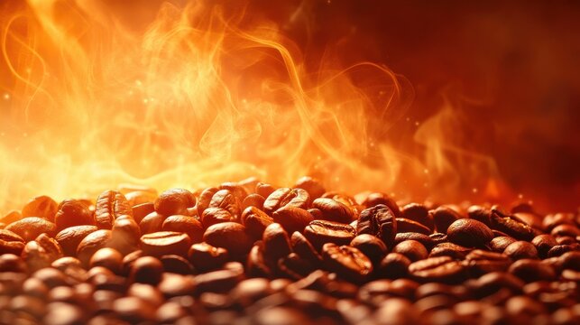 Roasted Coffee Beans with Fiery Background Creating a Warm and Inviting Atmosphere for Beverage and Culinary Themes