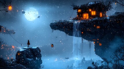 Obraz premium Mesmerizing scene of glowing mesh waterfalls cascading down rugged cliffs in a serene otherworldly fantasy landscape The ethereal flowing waters create a breathtaking awe inspiring natural display