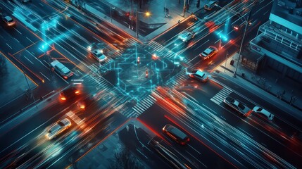 A smart city intersection controlled by an advanced AI traffic management system with cars moving seamlessly and lights dynamically adjusting