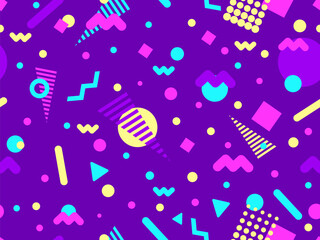Geometric seamless pattern with memphis elements in 80s style. Colorful geometric pattern. Design of promotional products, wrapping paper and printing. Vector illustration