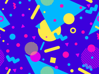 Geometric seamless pattern with memphis elements in 80s style. Colorful geometric pattern. Design of promotional products, wrapping paper and printing. Vector illustration