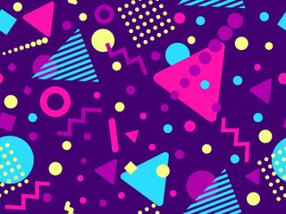 Geometric seamless pattern with memphis elements in 80s style. Colorful geometric pattern. Design of promotional products, wrapping paper and printing. Vector illustration