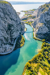 Aerial vertical view of canyon of Cetina River in the Adriatic Coast, Omis, Croatia 
