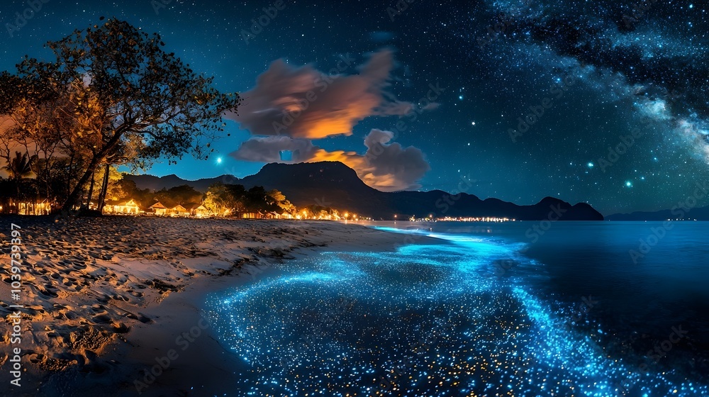 Poster Mesmerizing waves of glowing mesh crashing and swirling onto an idyllic illuminated seashore landscape with a serene atmospheric vibe