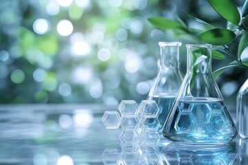 Clear glass lab flasks with blue liquid and hexagonal structure in a bright, natural environment