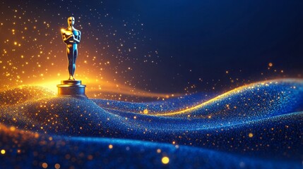 Blue award background with golden lines and abstract shape of the cinema awards statue for sunset light, elegant presentation design background