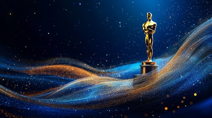 Blue award background with golden lines and abstract shape of the cinema awards statue for sunset light, elegant presentation design background