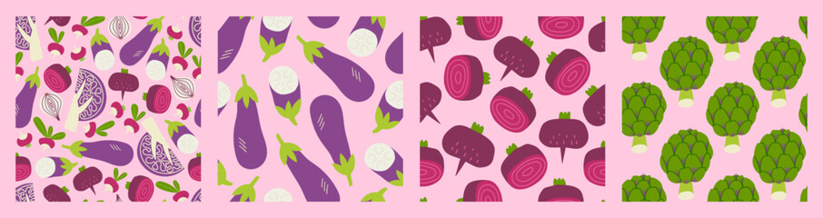 Vegetable seamless pattern collection with pink veggies, eggplant and artichoke. Fresh organic veggie prints set for kitchen, menu, food package design. Hand drawn flat vector illustration.