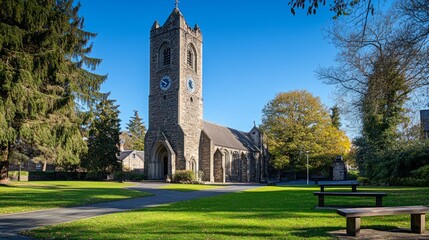 An old stone church with a tall clock tower stands in a grassy park on a sunny day.