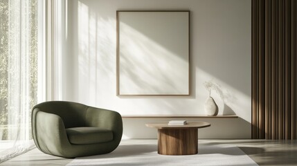 Green armchair living room decor, paired with a modern coffee table and a clean, minimalist mockup frame on the wall