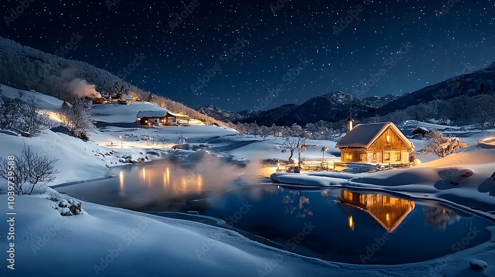 Poster Mysterious steaming spring nestled in the heart of a snow covered landscape creating a captivating and ethereal scene during the enchanting nightfall