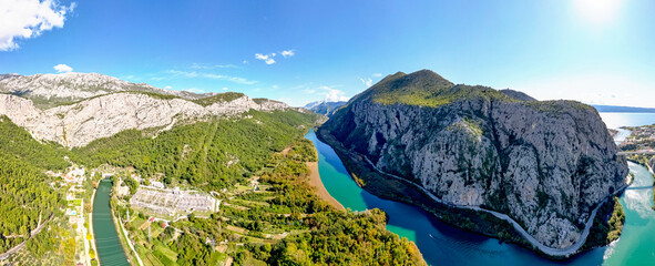 Aerial panoramic view of canyon of Cetina River in the Adriatic Coast, Omis, Croatia 