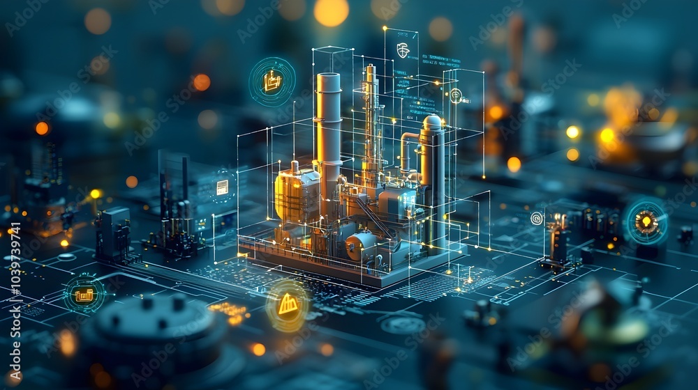 Poster of a smart factory system powered by a glowing mesh network showcasing the of advanced technologies 