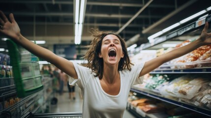 Fototapeta premium A woman in a supermarket aisle screams in frustration, her expression of exasperation vividly capturing the chaos and stress of modern life.