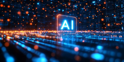 Blue digital background with the word "AI" in large letters centered, surrounded by an array of blue and white light streaks. 