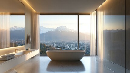 Fototapeta premium Hotel bathroom with freestanding bathtub and panoramic view, offering a luxurious, minimalist space filled with natural light