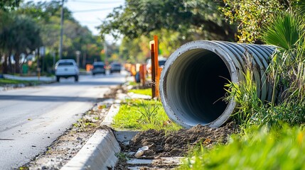 Fototapeta premium Excavator and large pipe in trench for drainage system installation. City infrastructure.