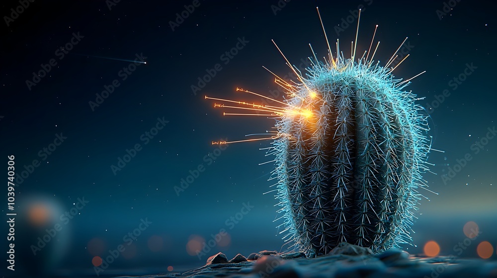 Aufkleber rendering of a cactus with glowing mesh lines tracing the sharp edges of its spikes set against an abstract desert landscape with a modern digital and technological aesthetic