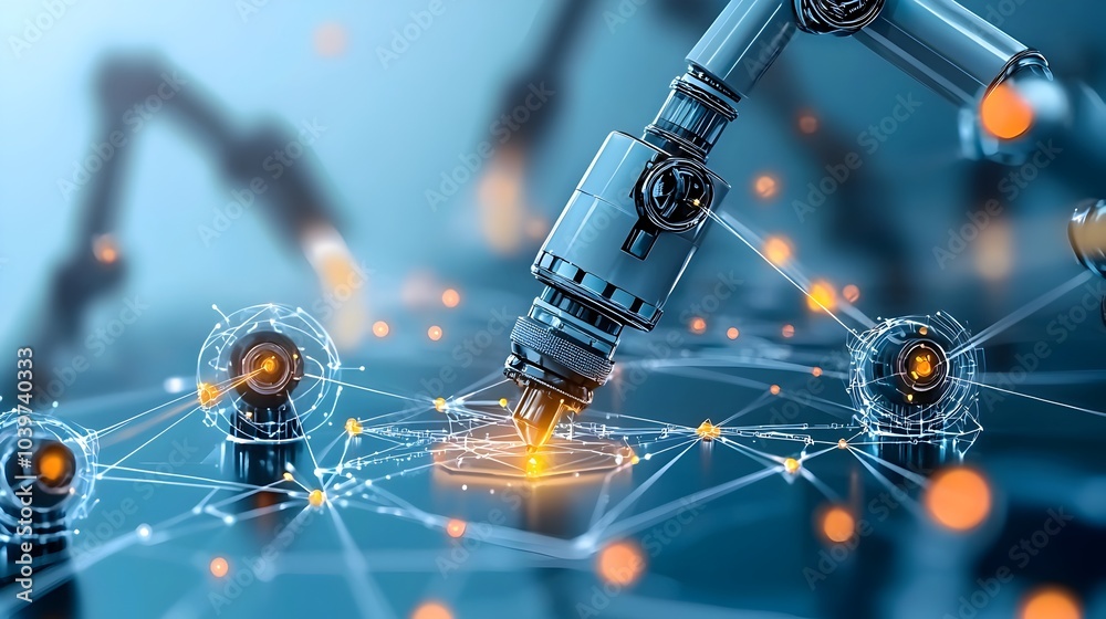 Poster robotic arms with glowing mesh lines and patterns inside an automated futuristic production line fac