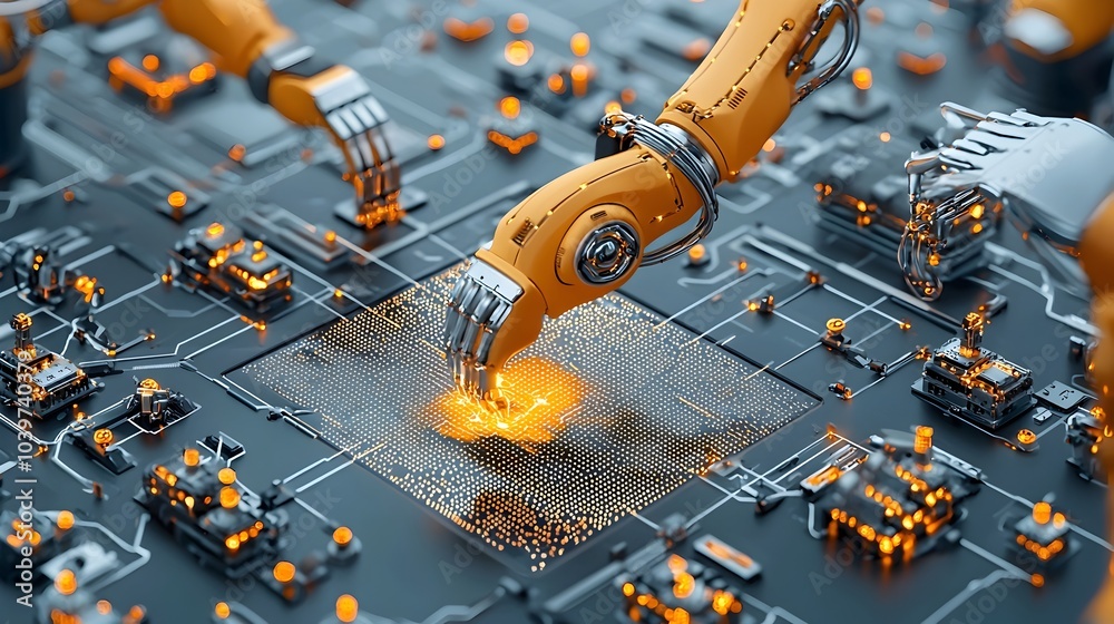 Poster robotic arms with glowing mesh lines operating within an automated production line inside a modern h