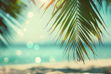 Fototapeta premium Tropical beach with palm leaf sun and waves. Vintage style.