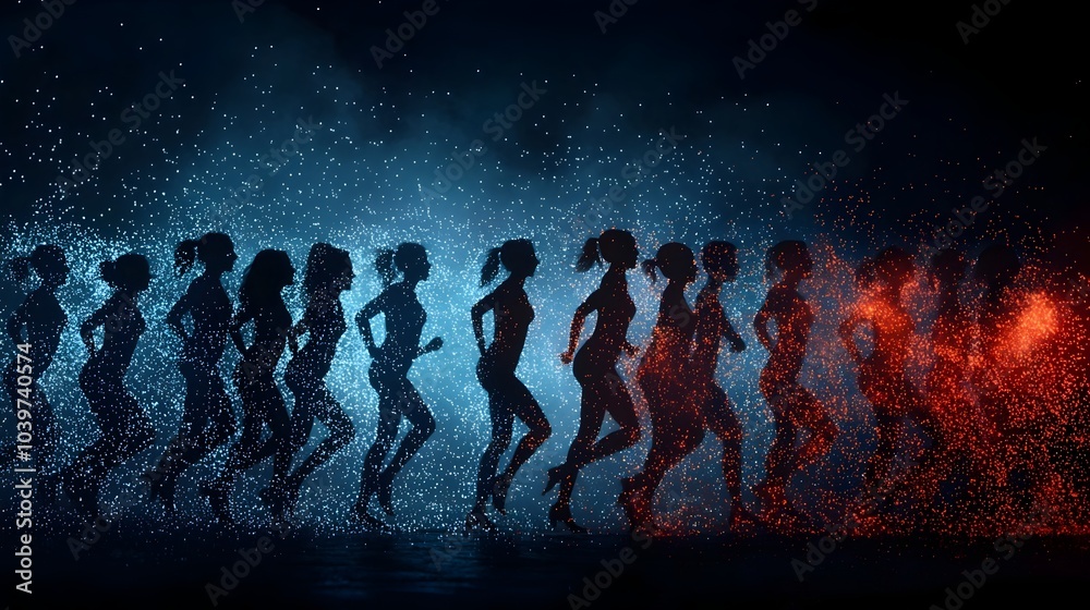 Poster silhouettes of people dancing at a concert their movements traced by glowing mesh lines that create 
