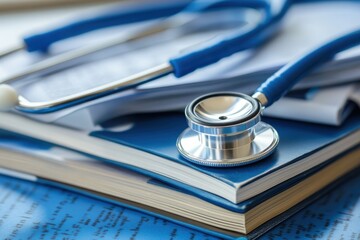 Stethoscope resting on medical textbooks at a study desk in a healthcare environment