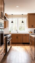 Modern kitchen with wood cabinets, white countertops, and stainless steel appliances.