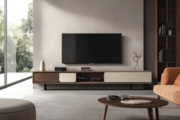 Living room with TV screen on a console unit, featuring sleek storage solutions and modern decor for a functional, stylish space