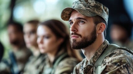 Fototapeta premium Military officer in an advanced leadership education course, collaborating with fellow students in a professional development setting