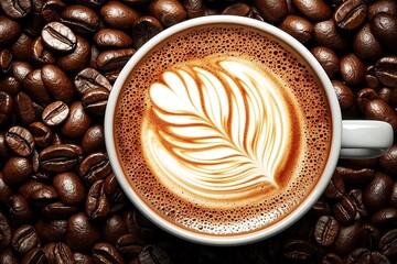 Latte cup of coffee with coffe art design on background of coffee beans. Generative Ai