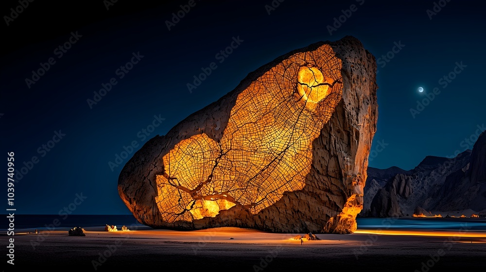 Aufkleber striking rock formations glowing with intricate mesh patterns that represent the ancient fault lines