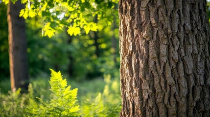 Obraz premium Close-up of a tree trunk in a forest with sunlight shining through the leaves.