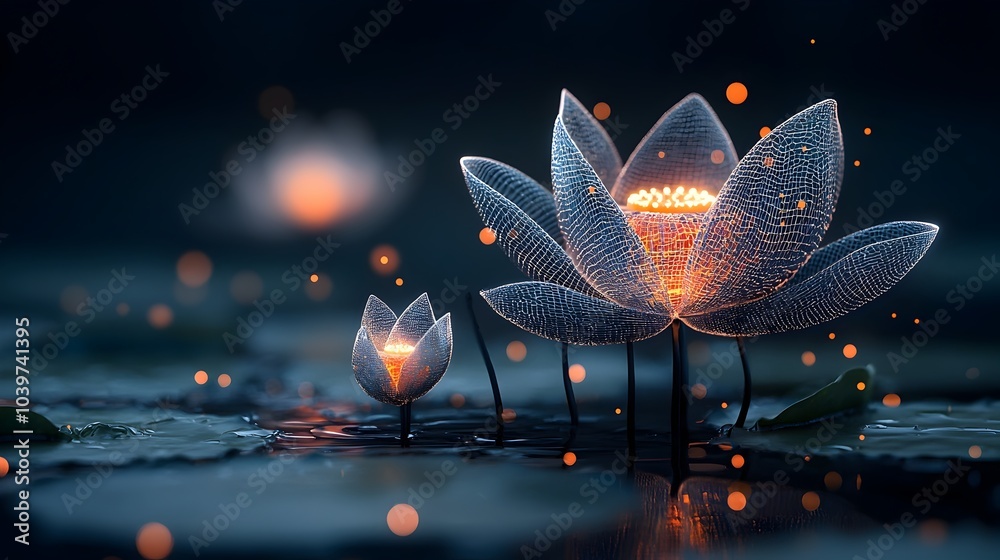 Poster stunning digital showcasing a glowing ethereal mesh lotus flower gracefully floating on the serene s