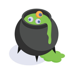Scary halloween pot, isometric icon of cauldron in modern style