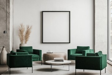 Minimalist living room with a mockup frame on the wall, featuring green armchairs and a contemporary coffee table for a clean look