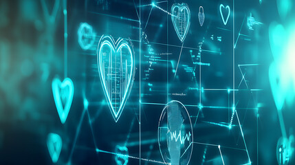 Abstract digital interface with heart icons and medical symbols, representing modern healthcare technology and cardiovascular monitoring innovations.
