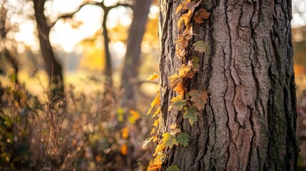 Obraz premium Close-up of a tree trunk with climbing ivy, with a blurry forest background.