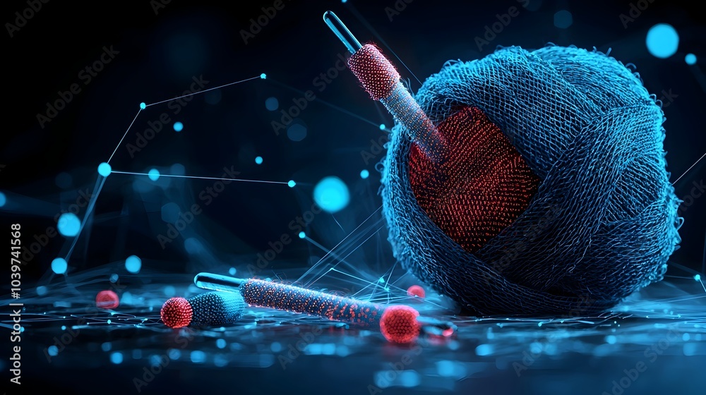 Poster stylized glowing mesh knitting needles with vibrant luminous yarn in an abstract futuristic digital 