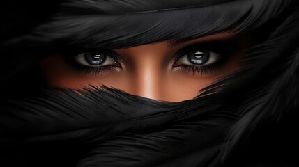 Naklejka premium A tight shot of a woman's expressive blue eyes concealed by black feathers, obscuring her vision