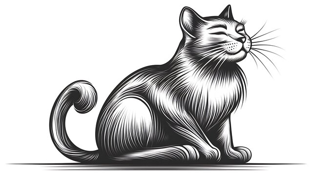 recommend clip art: Minimalist line art of a relaxed cat sitting with its tail curled, simple and clean drawing on a white background, using gentle curves and fluid strokes, hd quality, natural feel, soft lines.