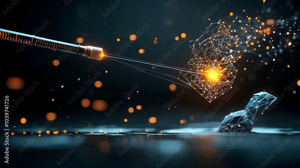 Poster surreal and futuristic scene of a glowing mesh fishing rod casting a luminous neon line into the shi