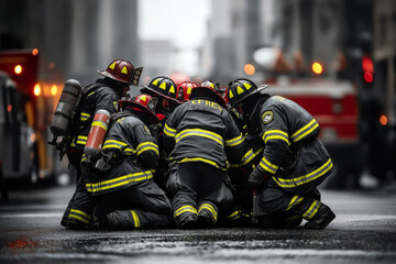 Firefighter team huddled together in the middle of the street after a successful rescue operation, exhausted but proud.